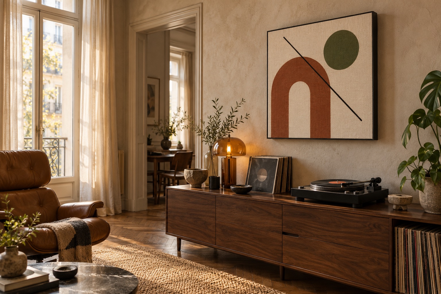 Ambiance d’écoute avec vinyles et tableau décoratif
