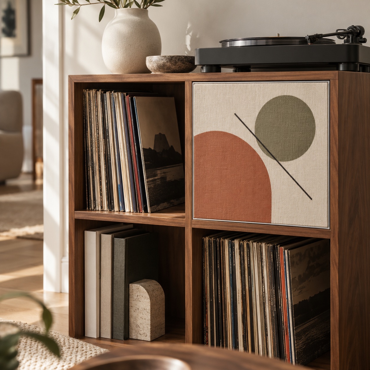 Le tableau dissimule l’enceinte dans un coin vinyles