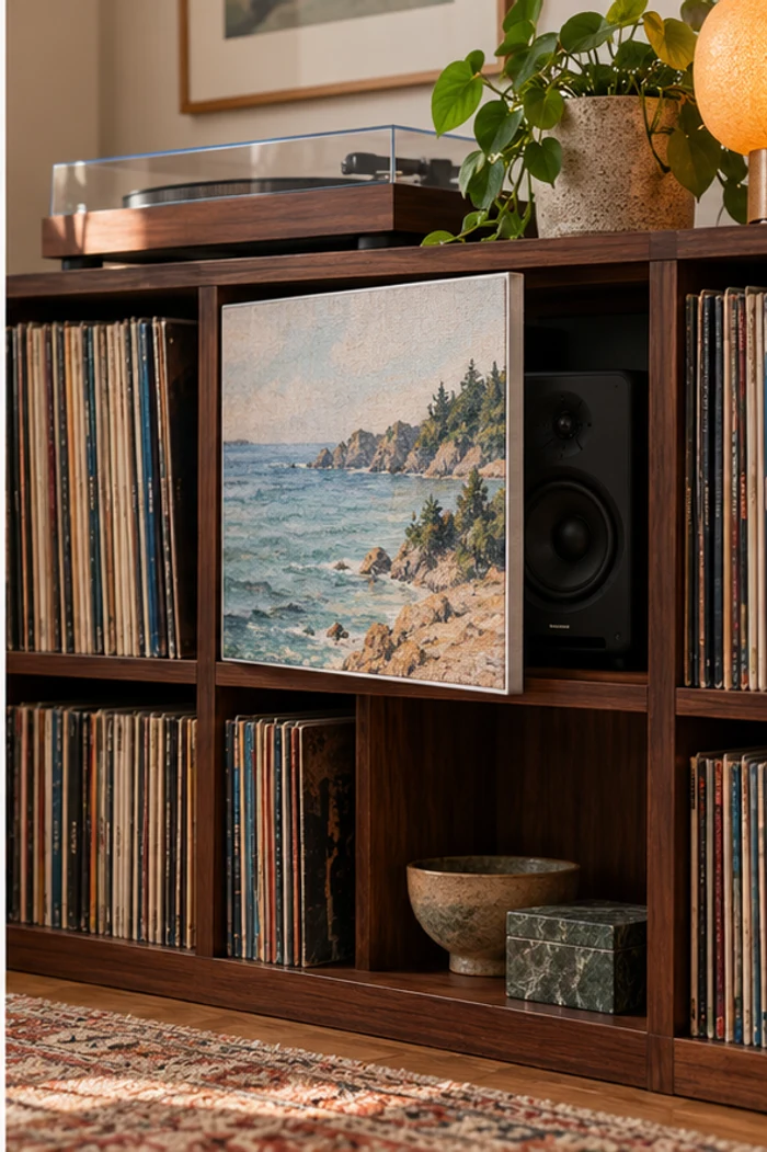 Le coin vinyles : toile retirée pour montrer l’enceinte dans la niche